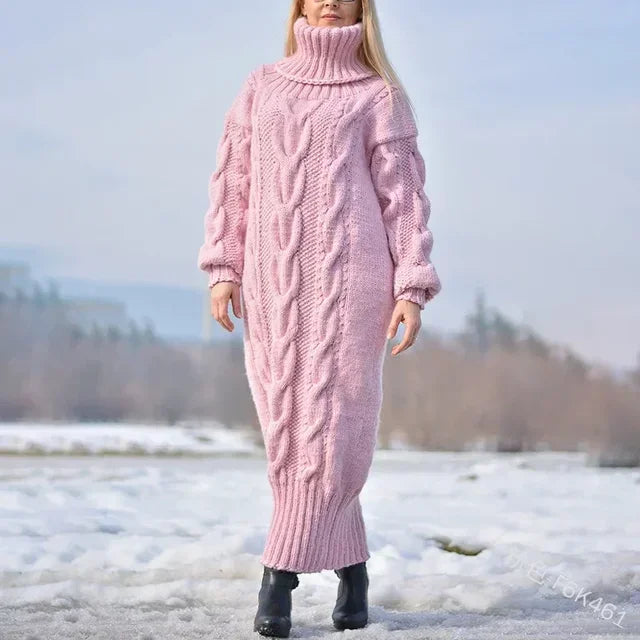 MACO Luxury Winter Long Dress Sweater – Oversized Twisted Turtleneck Knitted Pullover