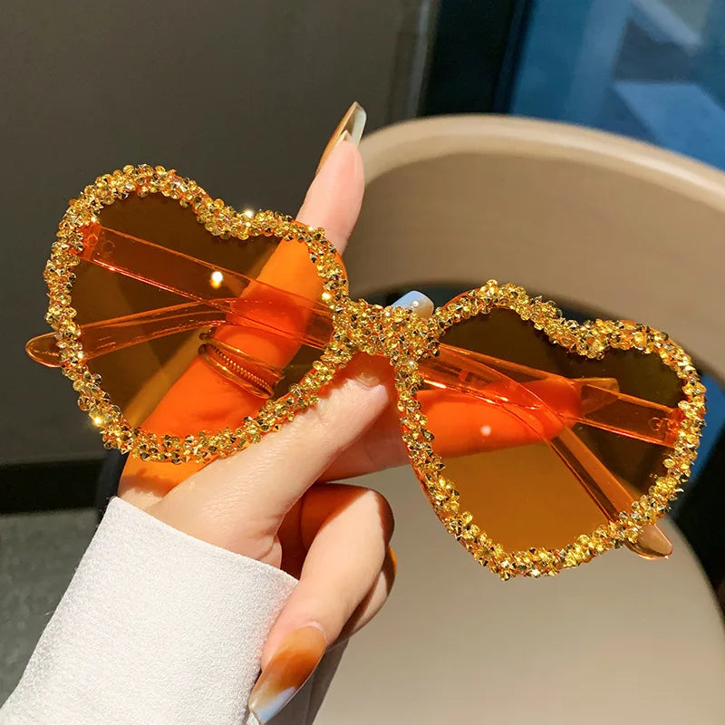 MACO Luxury Frameless Heart Rhinestone Glasses – Red Statement Festival Shades