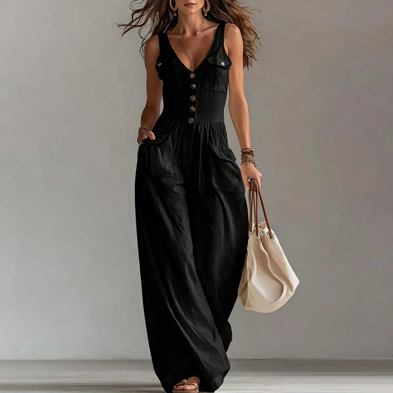 MACO Luxury V-Neck Wide-Leg Jumpsuit – Elegant High-Waist Summer Overalls