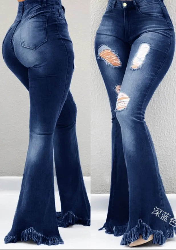 MACO Distressed Ripped Flare Jeans – Luxury High-Waist Washed Denim Trousers