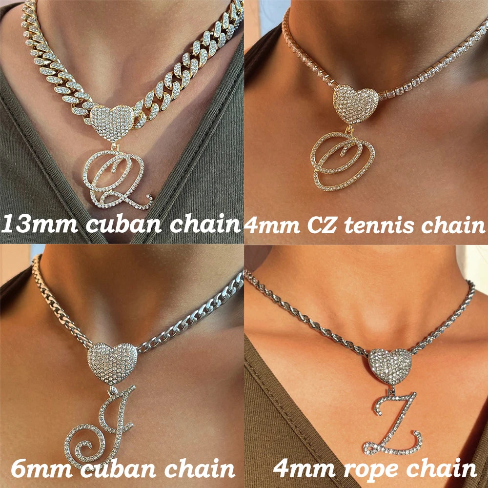 MACO Iced Out Cursive Initial Heart Necklace – Luxury Zircon Cuban Link Choker