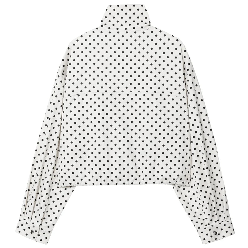 MACO Luxury Polka Dot Bomber Jacket – Oversized Aviator Crop Coat & Zip-Up Outerwear