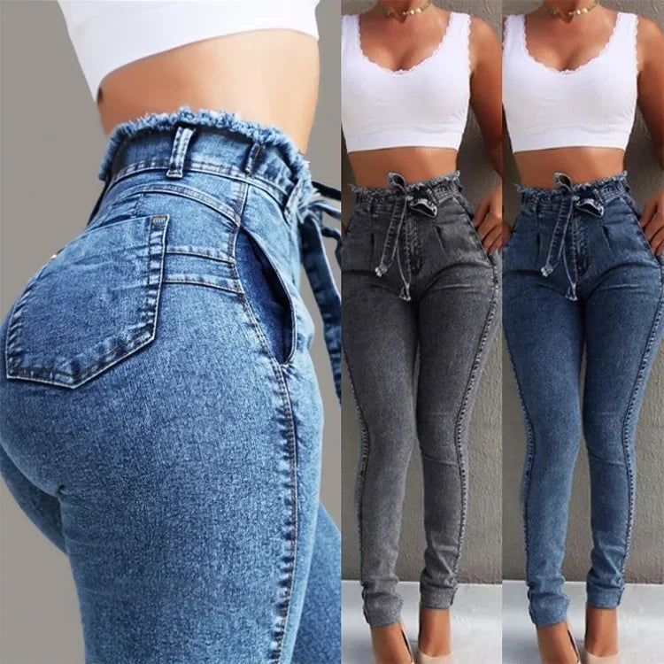 MACO High-Waisted Slim Stretch Jeans – Bleached Ankle-Length Denim Trousers