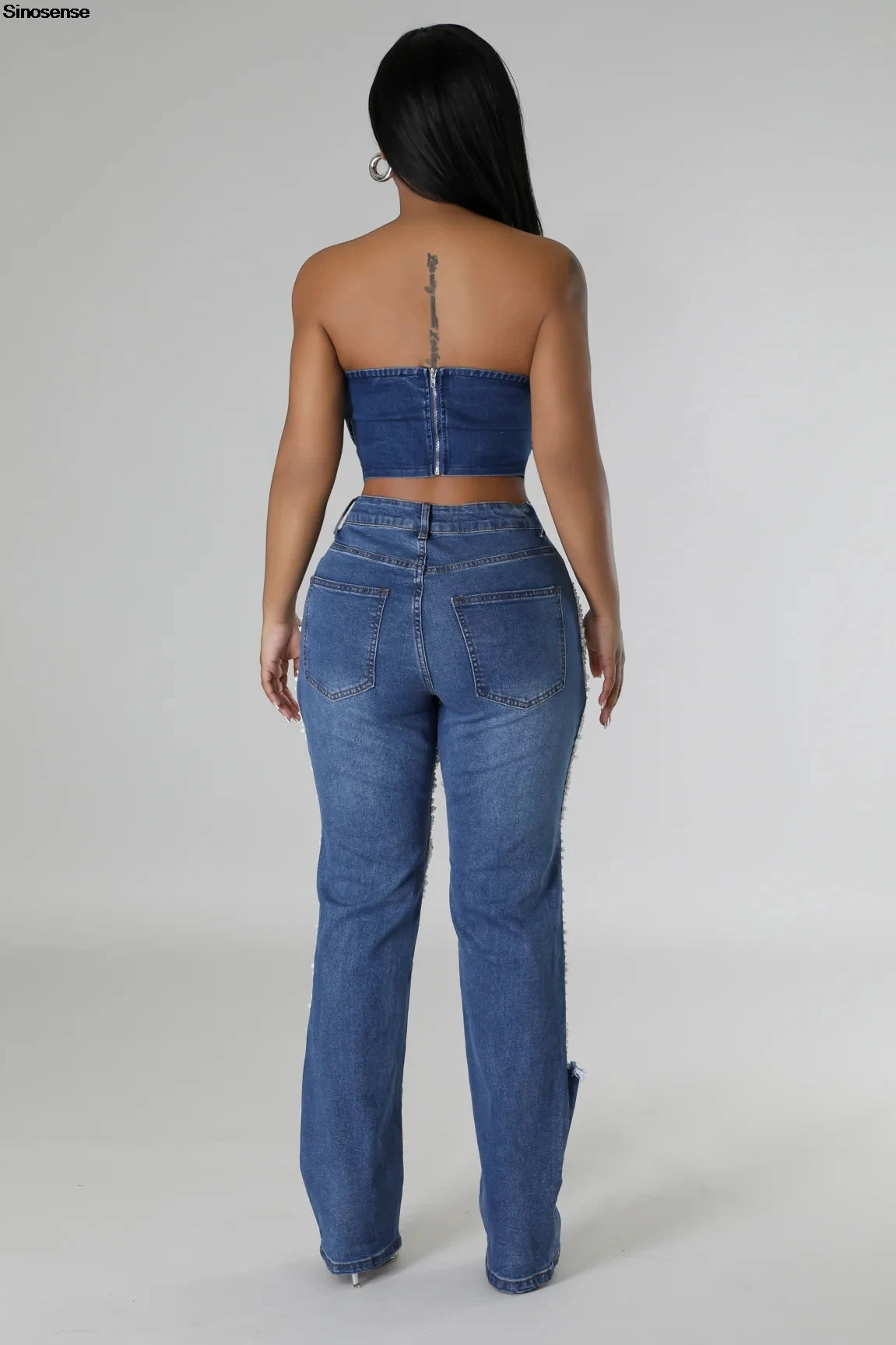 MACO Luxury Rhinestone Chain Jeans – Destroyed Ripped Pearl Distressed Skinny Denim