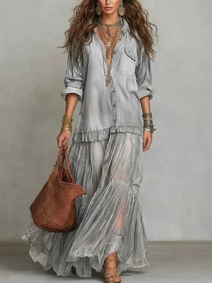 MACO Luxury Y2K Denim Mesh Splice Dress – Elegant Vintage Ruffled Streetwear Dress