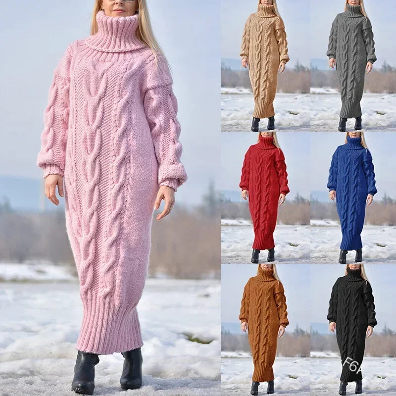 MACO Luxury Winter Long Dress Sweater – Oversized Twisted Turtleneck Knitted Pullover