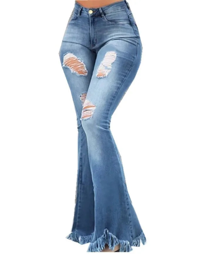 MACO Distressed Ripped Flare Jeans – Luxury High-Waist Washed Denim Trousers