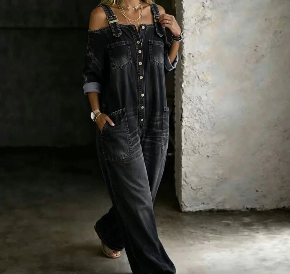 MACO Luxury Off-Shoulder Denim Jumpsuit – Wide-Leg Play- & Playsuit