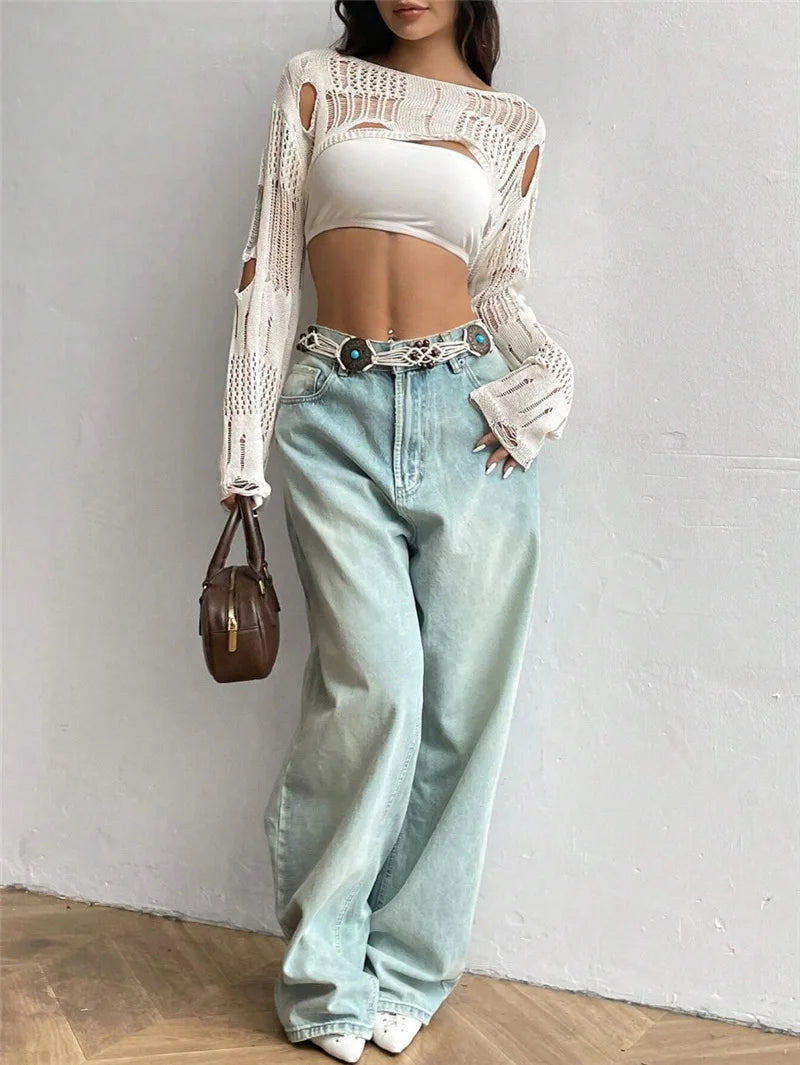 MACO Luxury Y2K Ripped Crochet Sweater – High-Street Hollow Out Short Pullover Top