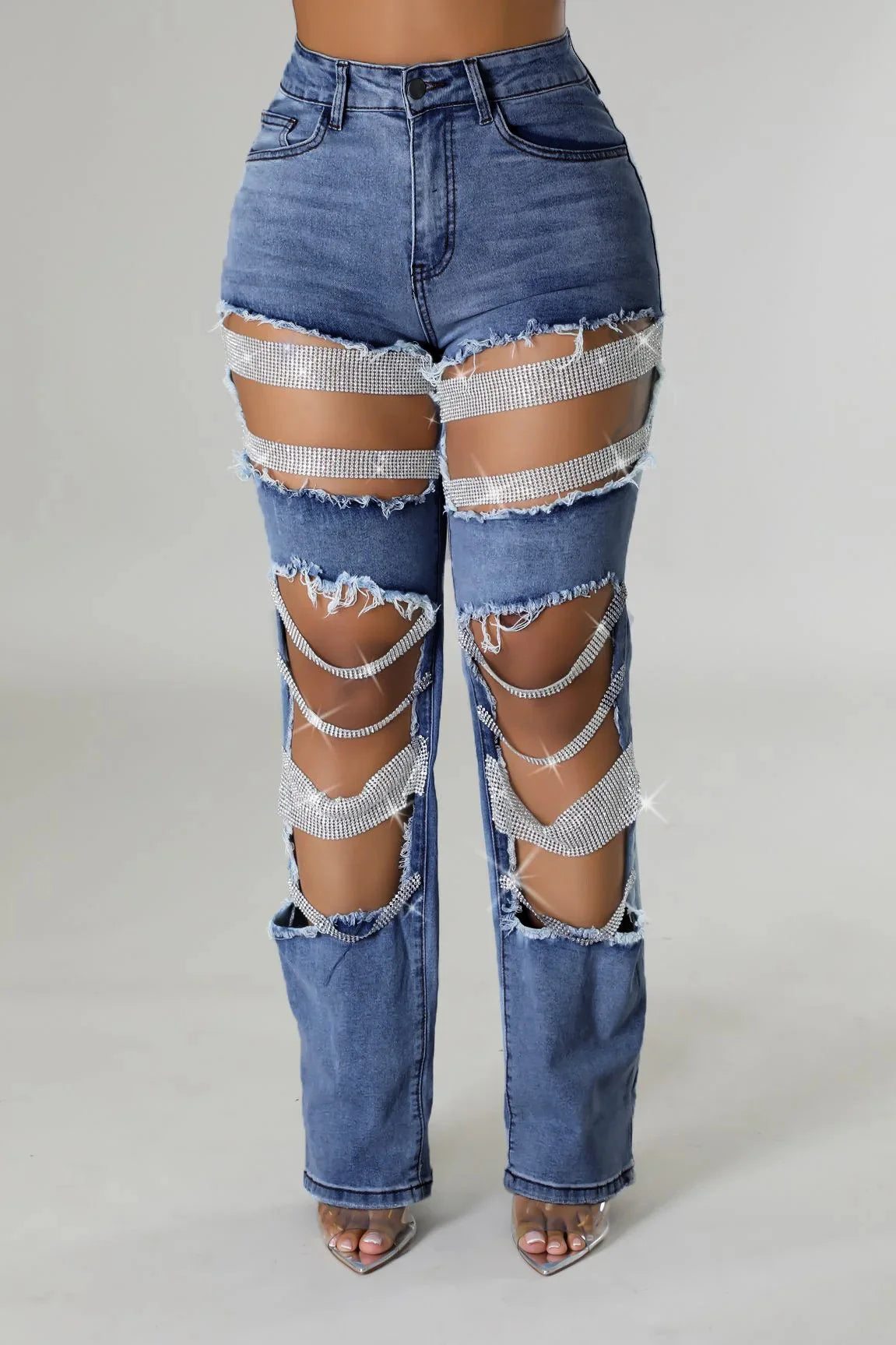 MACO Luxury Rhinestone Chain Jeans – Destroyed Ripped Pearl Distressed Skinny Denim