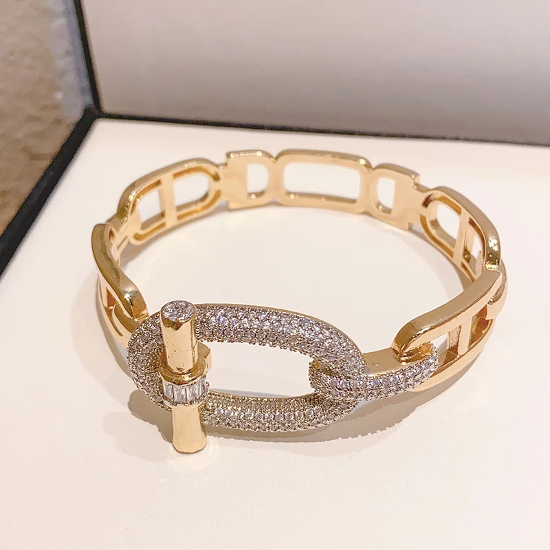 MACO Luxury 18K Gold Plated Belt Bangle – Punk Court Style Brass Bracelet