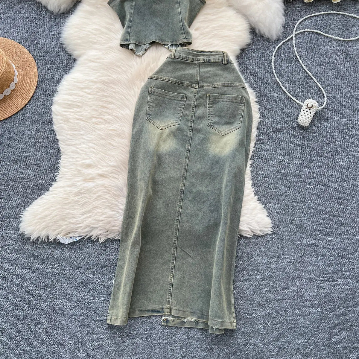 MACO American Retro Washed Denim Set – Luxury Halter Top & Slit Slimming Skirt Two-Piece