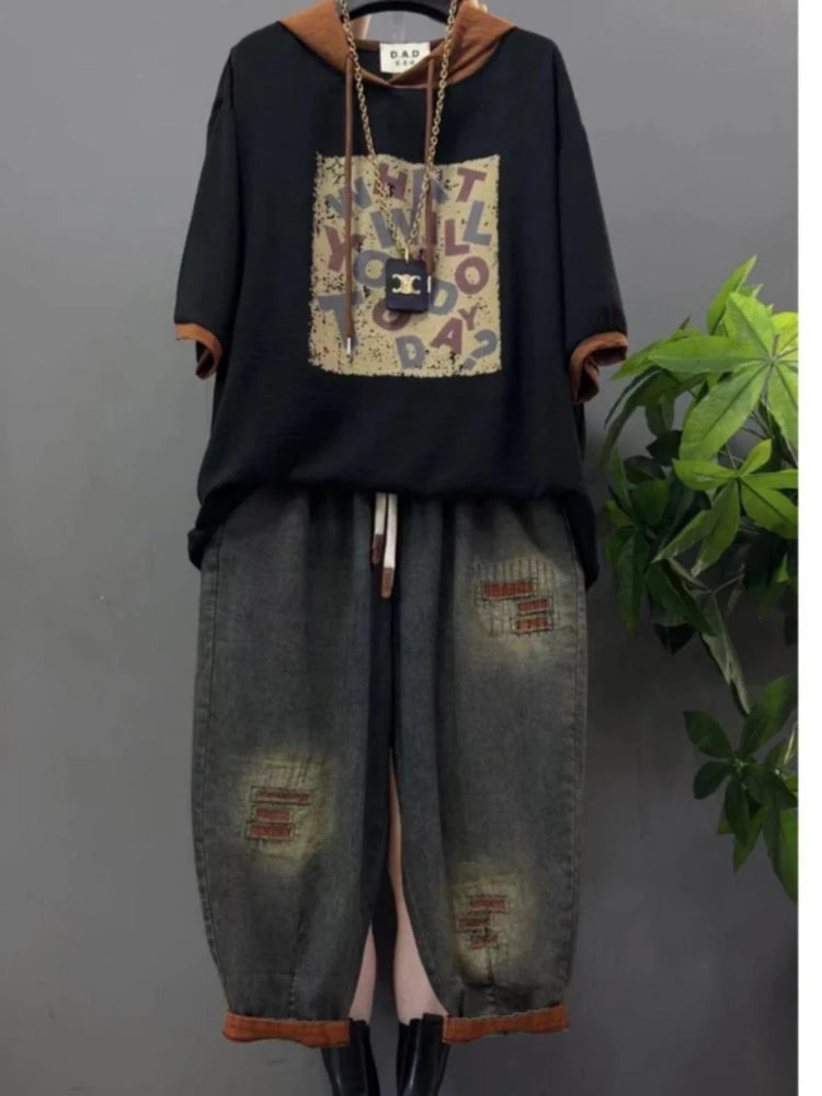 MACO Luxury Vintage Two-Piece Denim Anzug – Plus Size Hooded T-Shirt & Printed Jeans Set