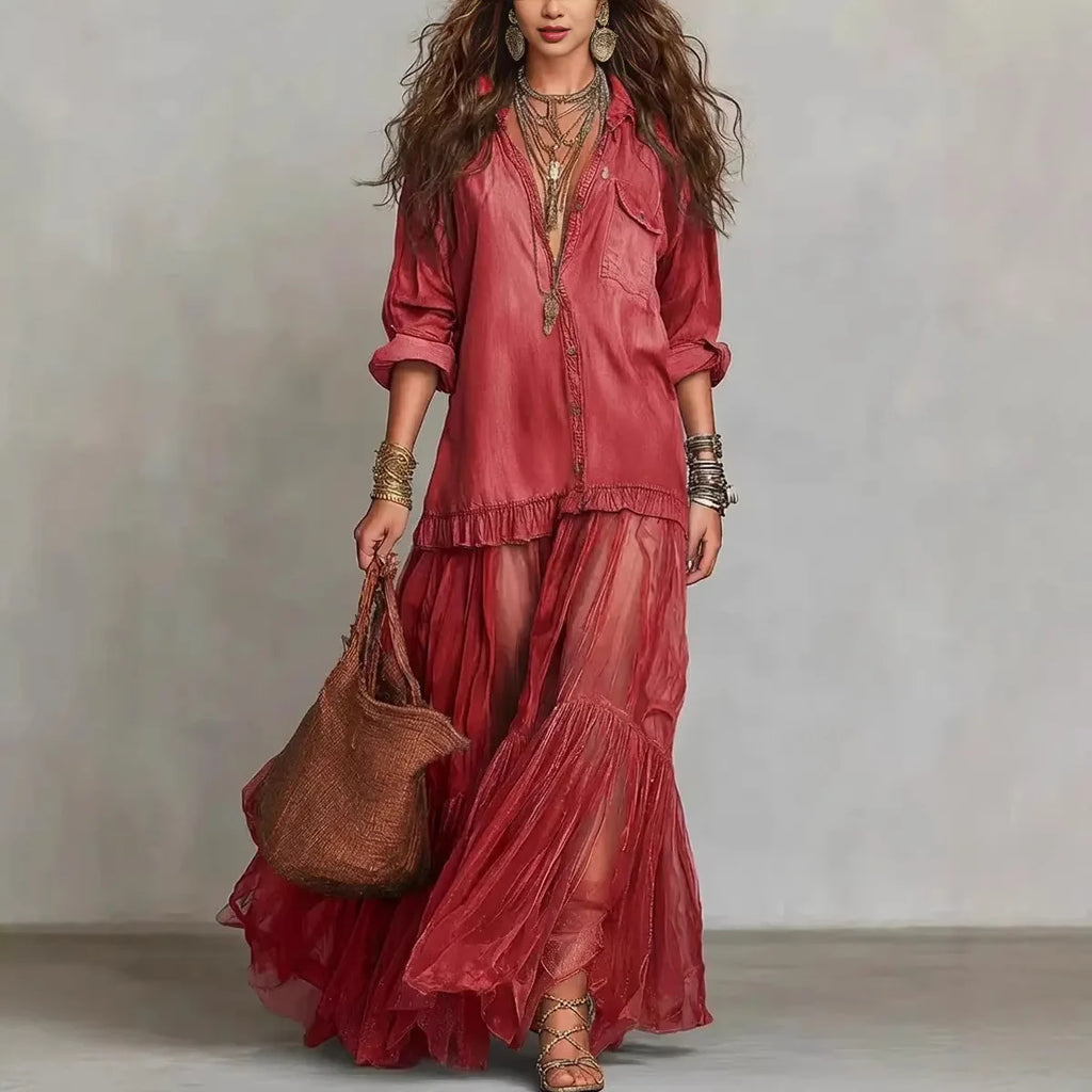MACO Luxury Y2K Denim Mesh Splice Dress – Elegant Vintage Ruffled Streetwear Dress