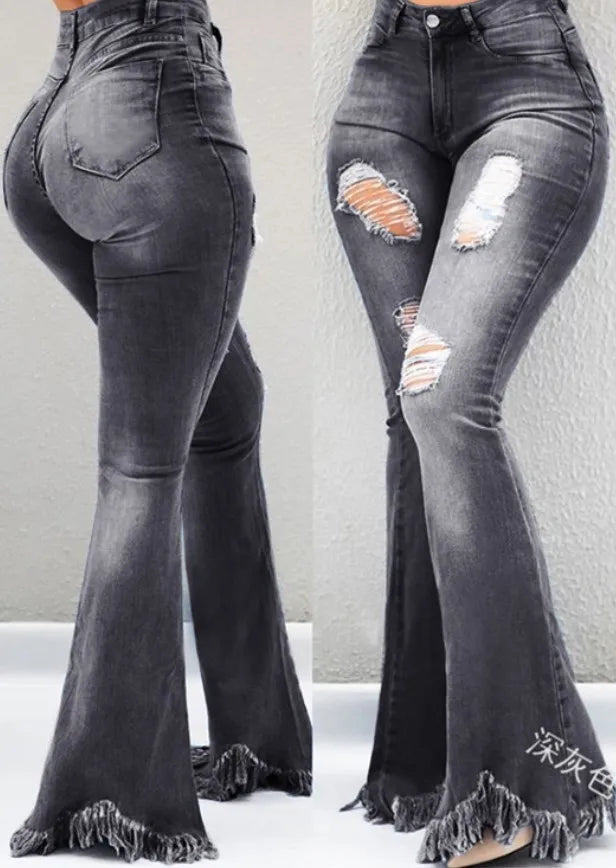 MACO Distressed Ripped Flare Jeans – Luxury High-Waist Washed Denim Trousers