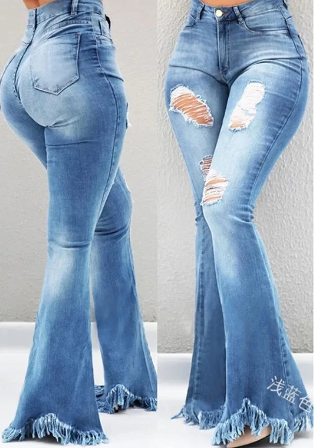 MACO Distressed Ripped Flare Jeans – Luxury High-Waist Washed Denim Trousers