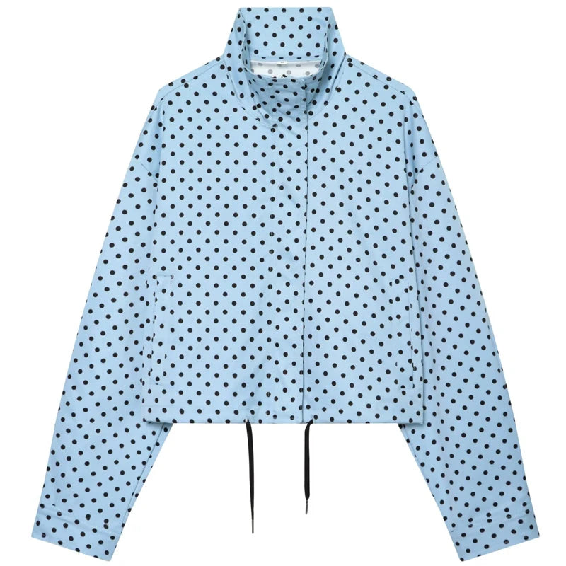 MACO Luxury Polka Dot Bomber Jacket – Oversized Aviator Crop Coat & Zip-Up Outerwear