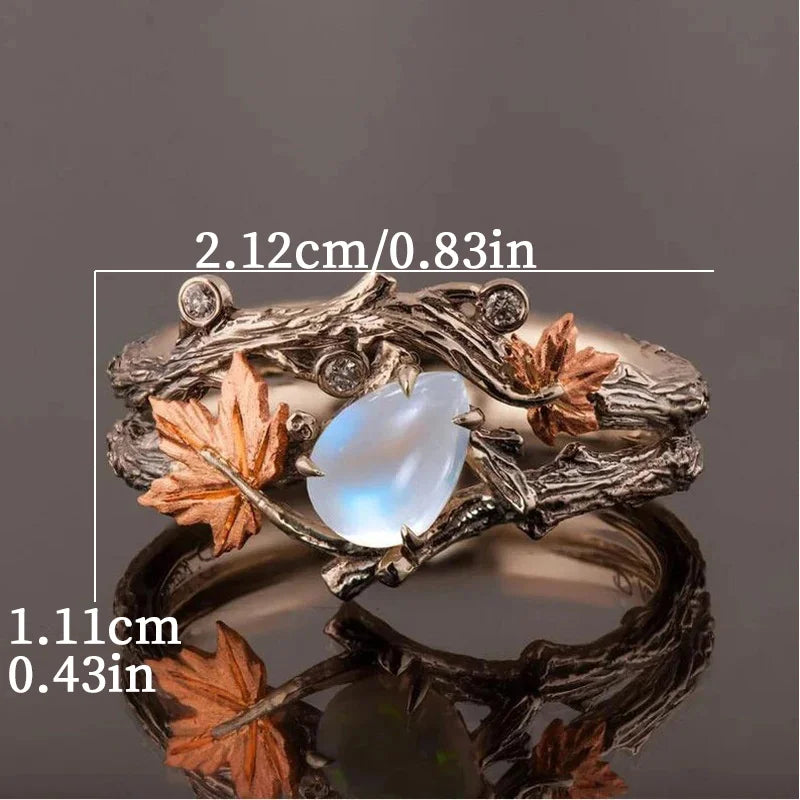 MACO Vintage Maple Leaf Moonstone Ring – Classic Boho Statement Jewelry