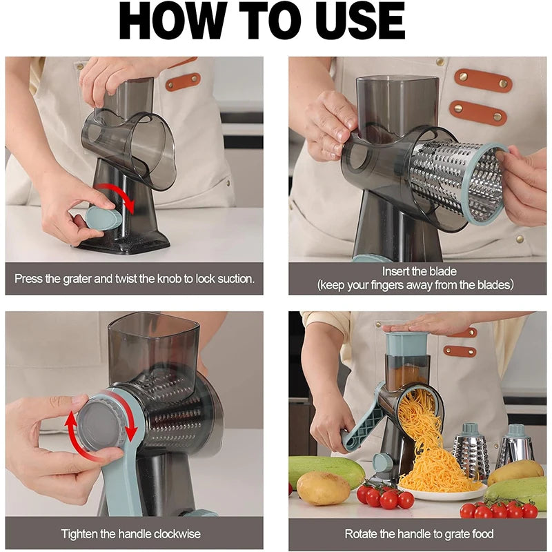 MACO Luxury 3-in-1 Rotary Cheese Grater – Multifunctional Manual Vegetable Slicer & Nut Grinder