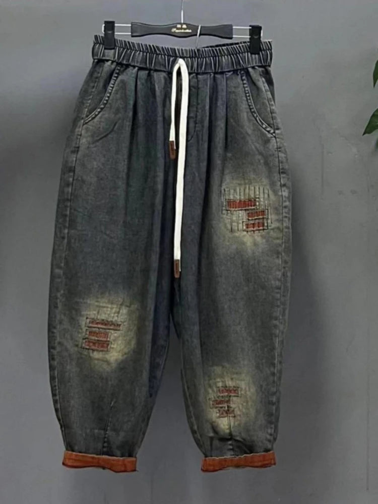 MACO Luxury Vintage Two-Piece Denim Anzug – Plus Size Hooded T-Shirt & Printed Jeans Set