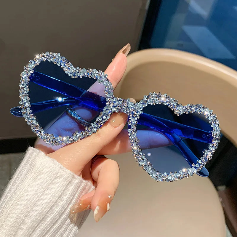 MACO Luxury Frameless Heart Rhinestone Glasses – Red Statement Festival Shades