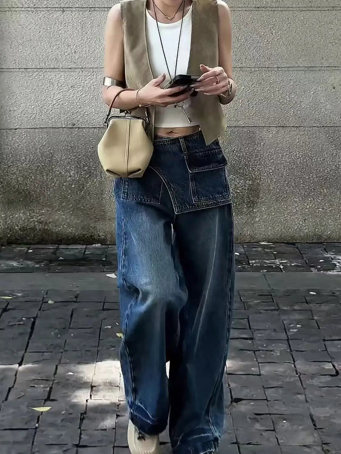 MACO Asymmetric Vintage Denim – Korean Style Wide-Leg Retro-Jeans