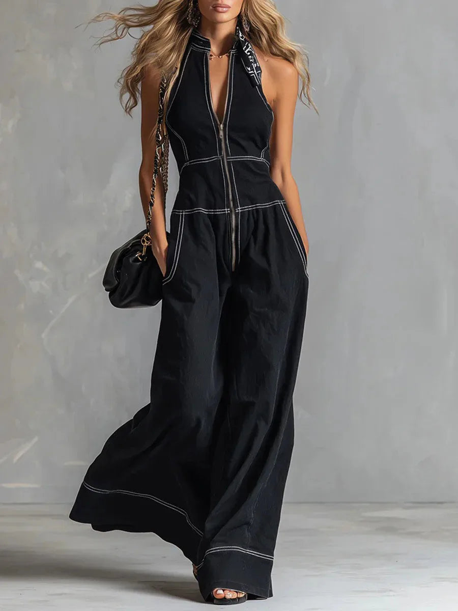 MACO Luxury Stand Collar Jumpsuit – Elegant Sleeveless Casual Office Romper