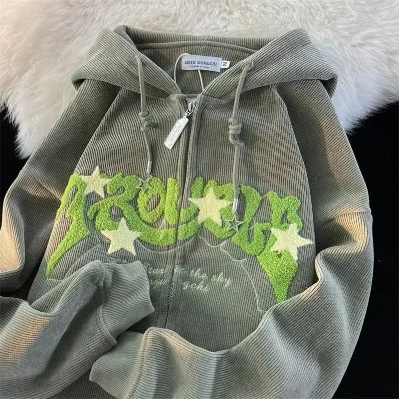 MACO Luxury Y2K Embroidery Zip-Up Hoodie – Harajuku Oversized Loose Sweatshirt Jacket