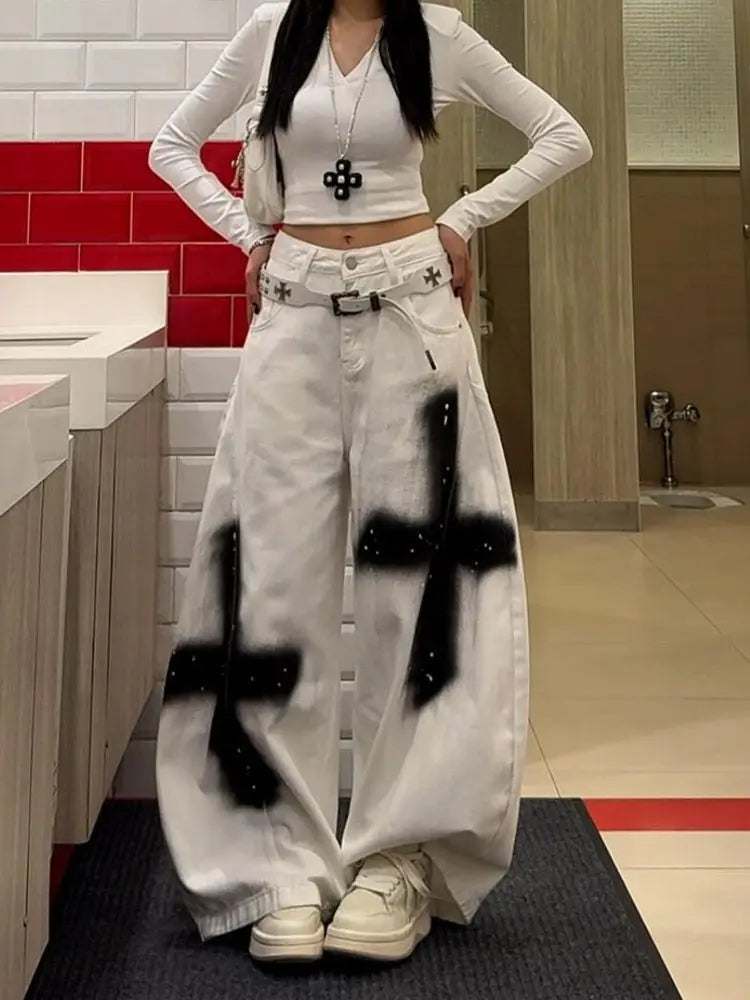 MACO Asymmetric Vintage Denim – Korean Style Wide-Leg Retro-Jeans