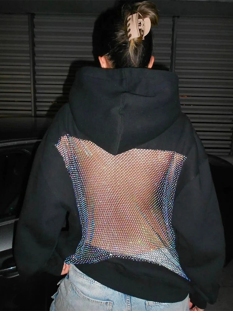 MACO Luxury Y2K Backless Mesh Hoodie – Harajuku Shiny-Thread Patchwork Sweatshirt