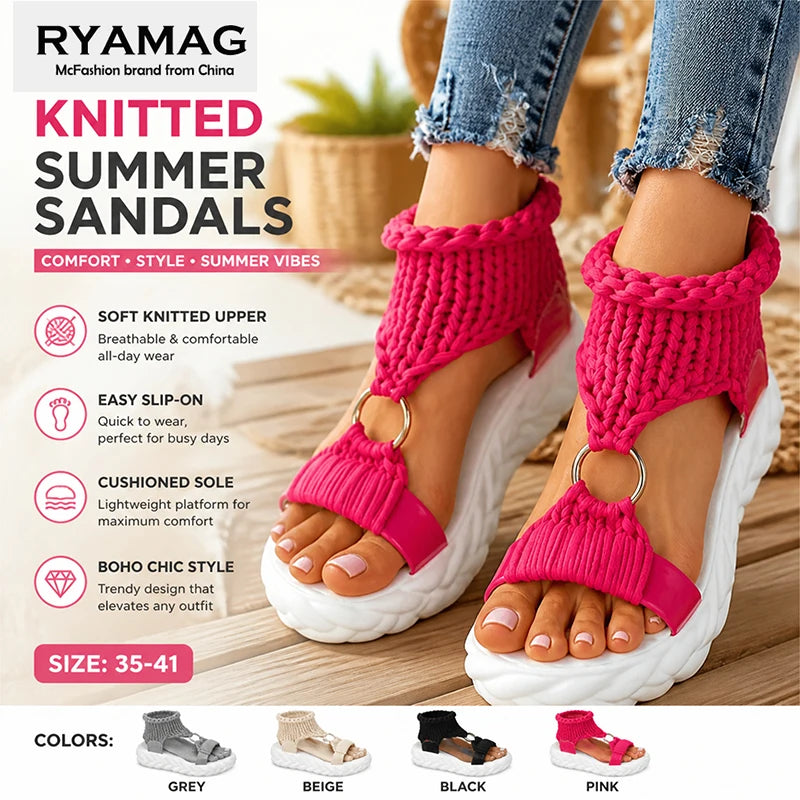 MACO Premium Plateau Gladiator-Sandalen — Damen Sommer-Stöckelschuhe in Strick-Optik