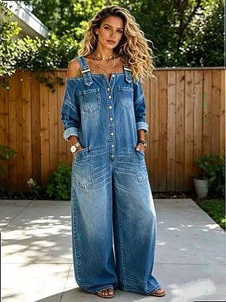 MACO Luxury Off-Shoulder Denim Jumpsuit – Wide-Leg Play- & Playsuit