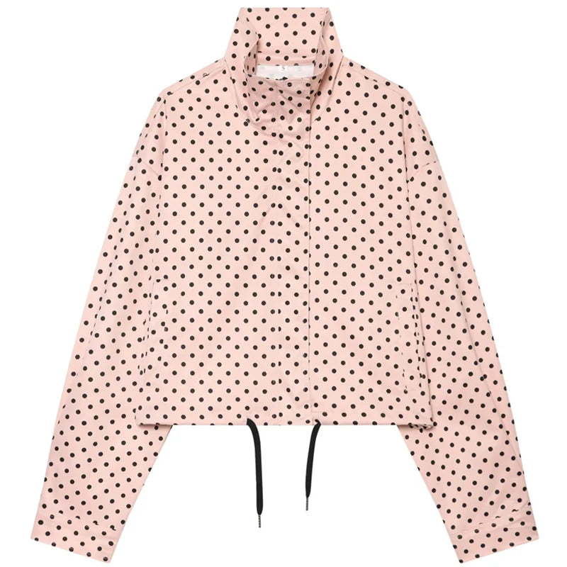 MACO Luxury Polka Dot Bomber Jacket – Oversized Aviator Crop Coat & Zip-Up Outerwear