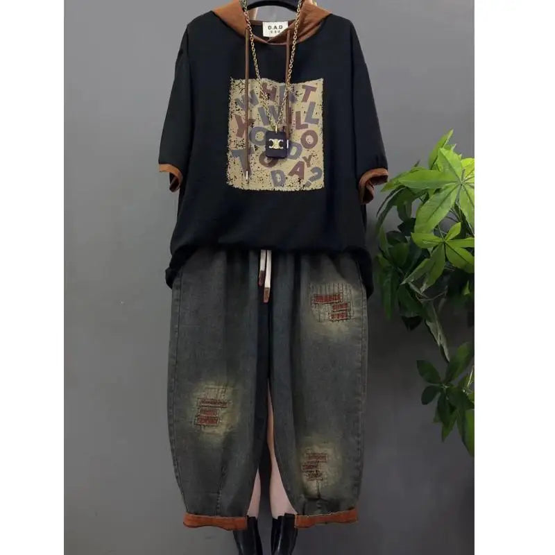 MACO Luxury Vintage Two-Piece Denim Anzug – Plus Size Hooded T-Shirt & Printed Jeans Set