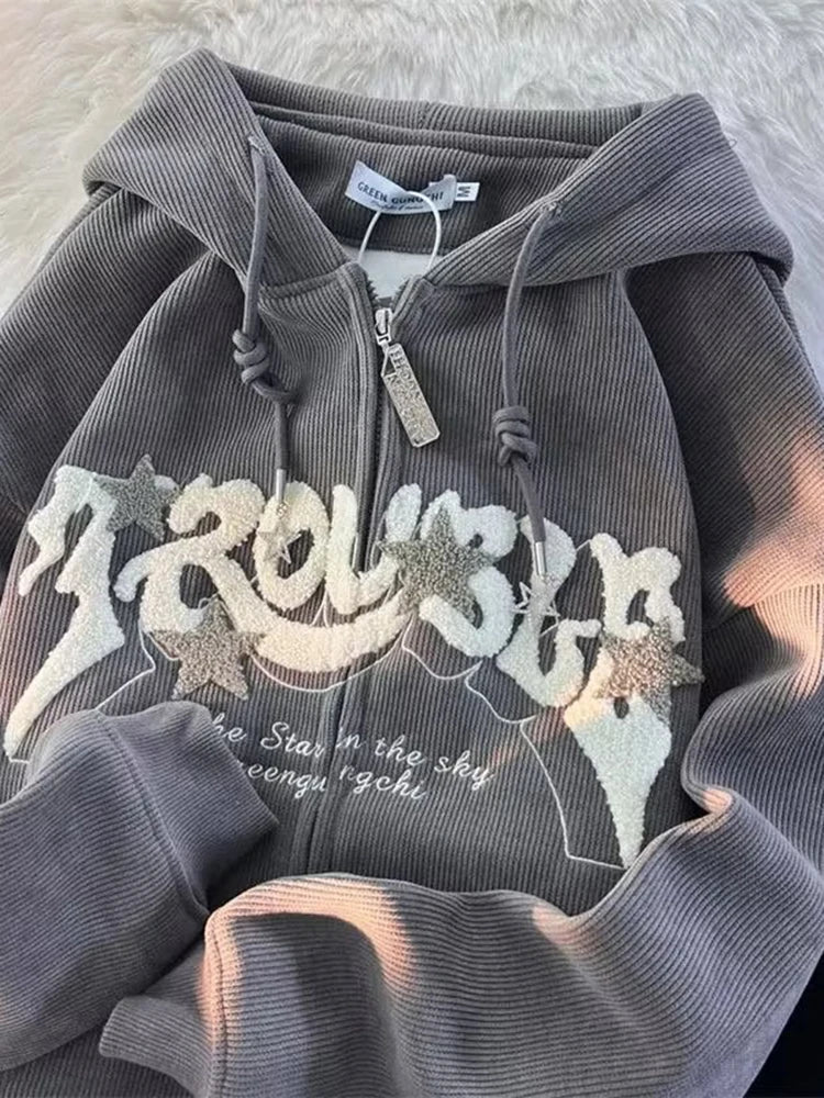 MACO Luxury Y2K Embroidery Zip-Up Hoodie – Harajuku Oversized Loose Sweatshirt Jacket