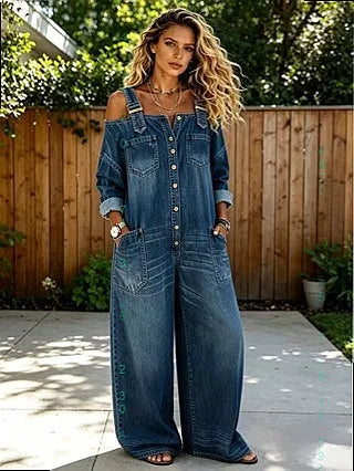 MACO Luxury Off-Shoulder Denim Jumpsuit – Wide-Leg Play- & Playsuit