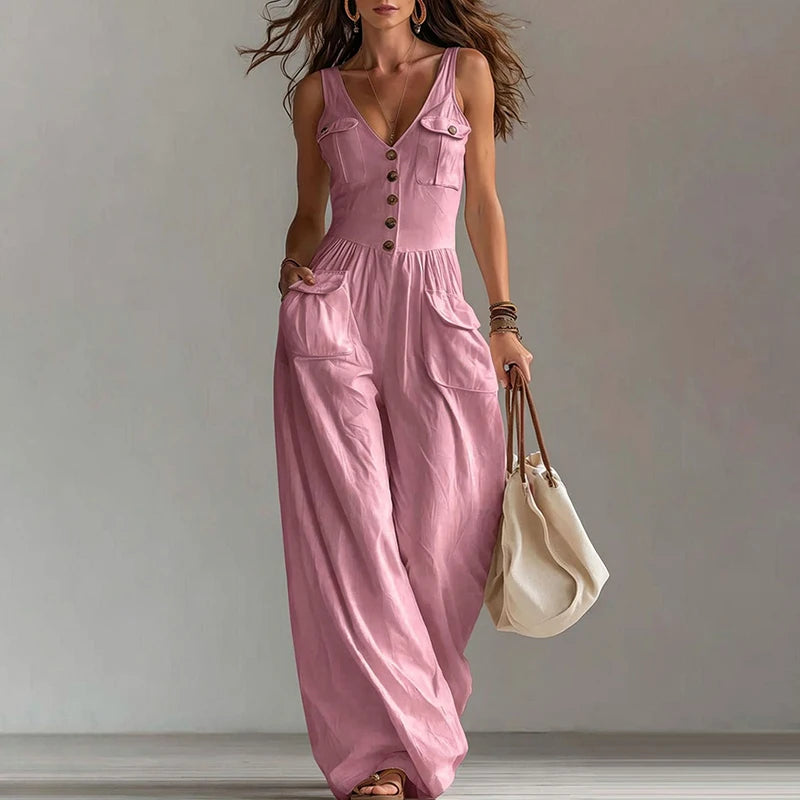 MACO Luxury V-Neck Wide-Leg Jumpsuit – Elegant High-Waist Summer Overalls