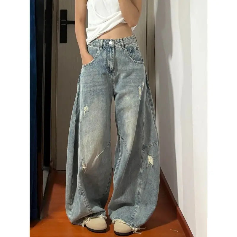 MACO Asymmetric Vintage Denim – Korean Style Wide-Leg Retro-Jeans