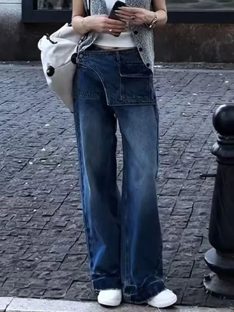 MACO Asymmetric Vintage Denim – Korean Style Wide-Leg Retro-Jeans
