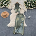 MACO American Retro Washed Denim Set – Luxury Halter Top & Slit Slimming Skirt Two-Piece