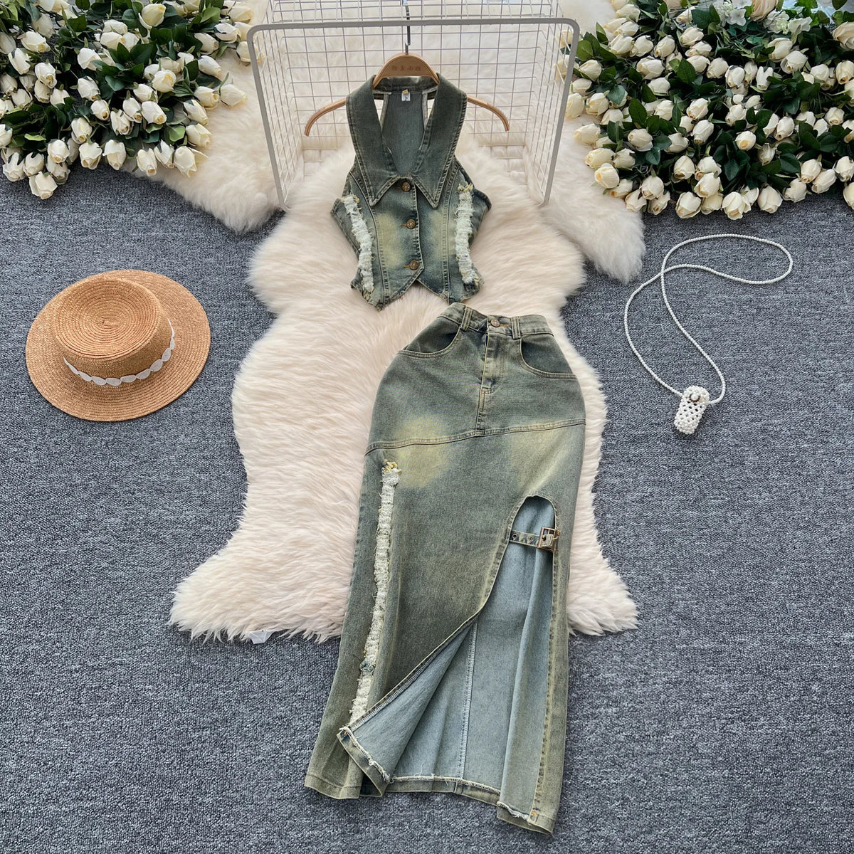 MACO American Retro Washed Denim Set – Luxury Halter Top & Slit Slimming Skirt Two-Piece