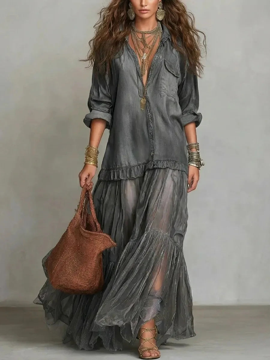 MACO Luxury Y2K Denim Mesh Splice Dress – Elegant Vintage Ruffled Streetwear Dress