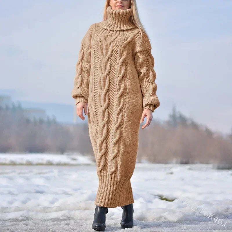 MACO Luxury Winter Long Dress Sweater – Oversized Twisted Turtleneck Knitted Pullover