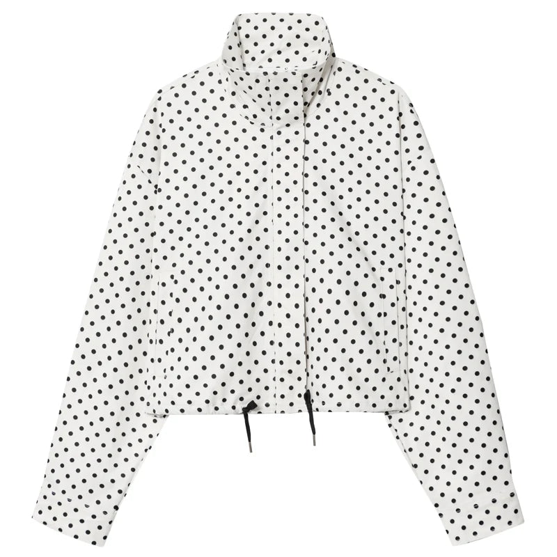 MACO Luxury Polka Dot Bomber Jacket – Oversized Aviator Crop Coat & Zip-Up Outerwear