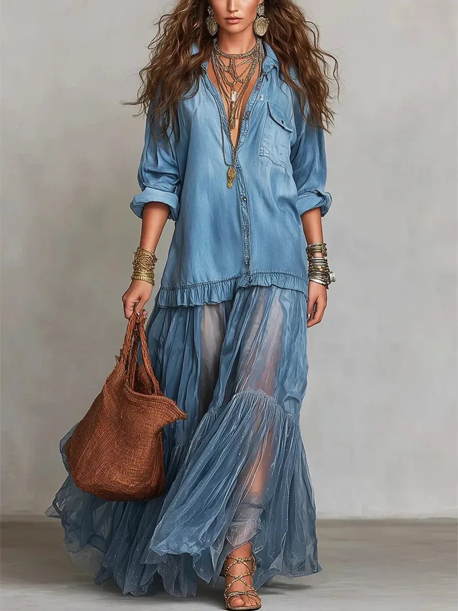 MACO Luxury Y2K Denim Mesh Splice Dress – Elegant Vintage Ruffled Streetwear Dress