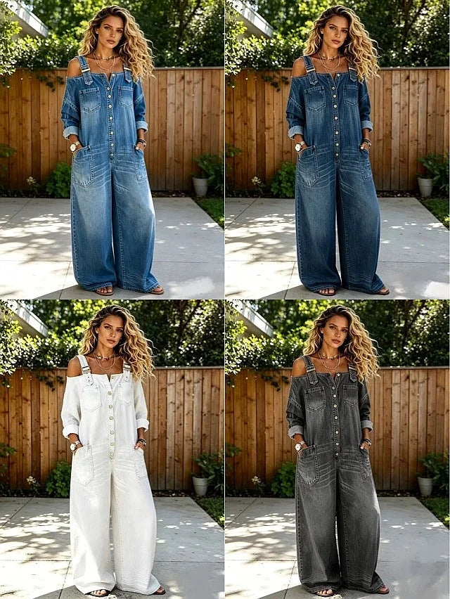 MACO Luxury Off-Shoulder Denim Jumpsuit – Wide-Leg Play- & Playsuit