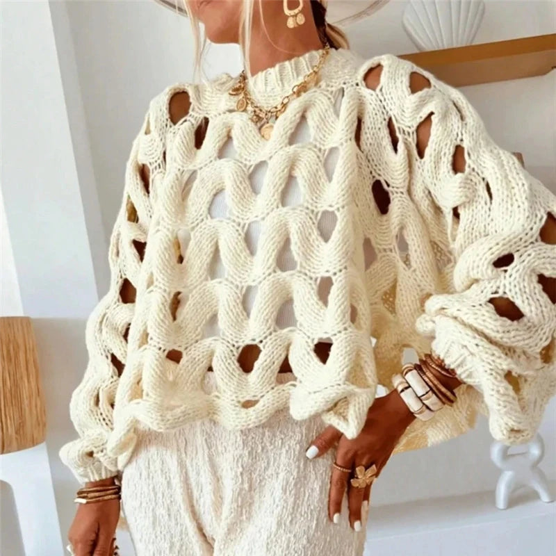 MACO Luxury Hollow-Out Crochet Sweater – Sexy Long Sleeve Beach Pullover Blouse